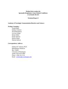 Medical Interventions for Spasmodic Dysphonia & Some Related Conditions: A Systematic Review Technical Report 2  Academy of Neurologic Communication Disorders and Sciences