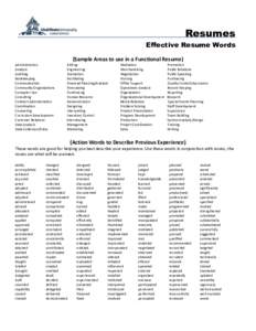 Resumes Effective Resume Words (Sample Areas to use in a Functional Resume) Administration Analysis Auditing