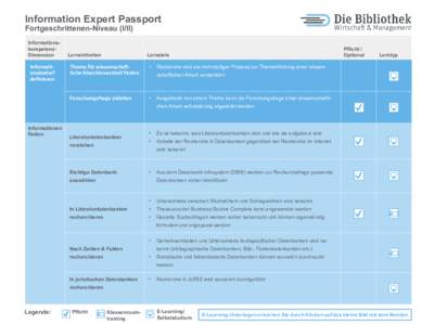 Information Expert Passport Fortgeschrittenen-Niveau (I/II) InformationskompetenzDimension Informationsbedarf definieren