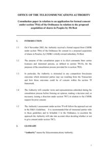 OFFICE OF THE TELECOMMUNICATIONS AUTHORITY Consultation paper in relation to an application for formal consent under section 7P(6) of the Ordinance in relation to the proposed acquisition of shares in Peoples by Fit Best