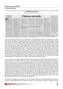 Pakistan and Polio Dr. Sania Nishtar The NEWS International Wednesday, November 23, 2011  At	
  the	
  recent	
  meeting	
  of	
  heads	
  of	
  Commonwealth	
  states,	
  Australia	
  put	
  polio	
  squarel