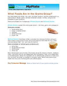 What Foods Are in the Grains Group? Any food made from wheat, rice, oats, cornmeal, barley or another cereal grain is a grain product. Bread, pasta, oatmeal, breakfast cereals, tortillas, and grits are examples of grain 
