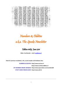 Numbers & Oddities a.k.a. The Spooks Newsletter Edition #165, June 2011 Editor: Ary Boender email:   Check for previous newsletters, info, sound samples and databases also:
