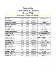 Economics Office Hours & Directory Spring 2018 Area Chair: Professor Aric Shafran FACULTY
