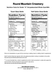 Round Mountain Creamery Nutrition Facts for Grade “A” Vat-pasteurized Whole Goat Milk *Quart Glass Bottle *Half Gallon Glass Bottle