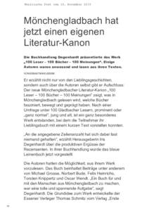 Rheinische Post vom 16. November|QFKHQJODGEDFKKDW MHW]WHLQHQHLJHQHQ /LWHUDWXU.DQRQ Die Buchhandlung Degenhardt präsentierte das Werk