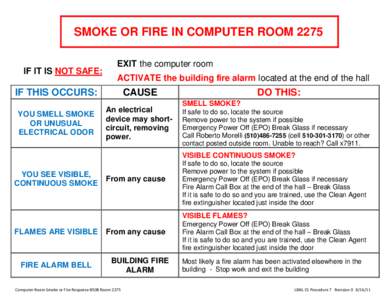 SMOKE OR FIRE IN COMPUTER ROOM 2275 IF IT IS NOT SAFE: EXIT the computer room ACTIVATE the building fire alarm located at the end of the hall