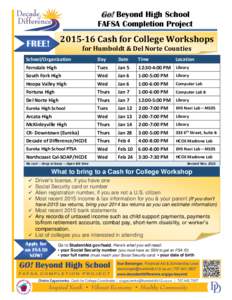 Go! Beyond High School FAFSA Completion ProjectCash for College Workshops  FREE!