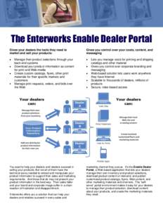 The Enterworks Enable Dealer Portal Gives your dealers the tools they need to market and sell your products: Manage their product selections through your back-end systems Download your product information as content