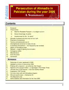 Pakistan  Persecution of Ahmadis in Pakistan during the year 2005 A Summary