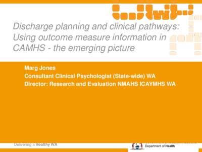 Discharge planning and clinical pathways: Using outcome measure information in CAMHS - the emerging picture Marg Jones Consultant Clinical Psychologist (State-wide) WA Director: Research and Evaluation NMAHS ICAYMHS WA