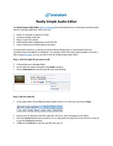 Really Simple Audio Editor The Really Simple Audio Editor (click to download from Brainshark.com) is a third-party tool that works with PCs and mp3 audio files. With it you can: .