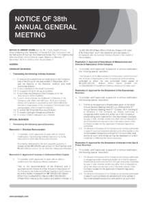 NOTICE OF 38th ANNUAL GENERAL MEETING NOTICE IS HEREBY GIVEN that the 38 th (Thirty–Eighth) Annual General Meeting (the “Meeting”) of Oando PLC (the “Company”) will be held at the Zinnia Hall, Eko Hotel and Sui