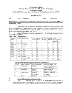Government of India Ministry of Communications & Information Technology, Department of Posts O/o the Chief Postmaster General, Himachal Pradesh Circle, Shimla – NOTIFICATION No: -