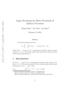 arXiv:0712.2401v1 [math.PR] 14 DecLarge Deviations for Riesz Potentials of Additive Processes Richard Bass∗ Xia Chen† Jay Rosen‡ February 18, 2013