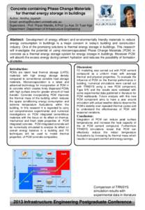 Concrete containing Phase Change Materials for thermal energy storage in buildings Author: Amitha Jayalath Email: [removed] Supervisors : Prof. Priyan Mendis, A/Prof. Lu Aye, Dr Tuan Ngo Department: 