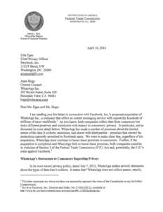Letter From Jessica L. Rich, Director of the Federal Trade Commission Bureau of Consumer Protection, to Erin Egan, Chief Privacy Officer, Facebook, and to Anne Hoge, General Counsel, WhatsApp Inc. – Reminding Both Firm