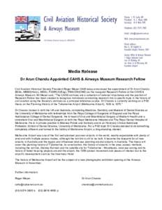 Microsoft Word - Media Release - CAHS Airways Museum Research Fellow 2-13.doc