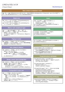 LINQ to SQL in C# Cheat Sheet http://damieng.com  Data context & database create