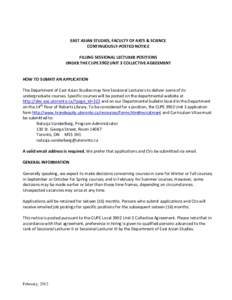 EAST ASIAN STUDIES, FACULTY OF ARTS & SCIENCE CONTINUOUSLY-POSTED NOTICE FILLING SESSIONAL LECTURER POSITIONS UNDER THE CUPE 3902 UNIT 3 COLLECTIVE AGREEMENT HOW TO SUBMIT AN APPLICATION The Department of East Asian Stud