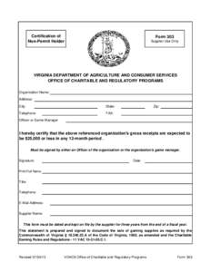 Certification of Non-Permit Holder Form 303 Supplier Use Only