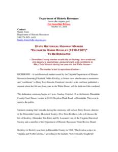 Department of Historic Resources (www.dhr.virginia.gov) For Immediate Release October 15, 2014 Contact: Randy Jones