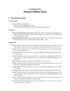 Curriculum Vitae  Michael William Hicks 1  Personal Information