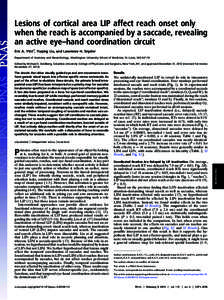 Lesions of cortical area LIP affect reach onset only when the reach is accompanied by a saccade, revealing an active eye–hand coordination circuit Eric A. Yttri1, Yuqing Liu, and Lawrence H. Snyder Department of Anatom