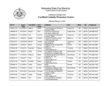 Nebraska State Fire Marshal Fuels Division-FLST Section Underground Storage Tanks Certified Cathodic Protection Testers Effective February 3, 2014