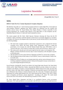 Legislative Newsletter 20 April 2012, Vol. 7, No. 13 NEWS: HOOAC Under Fire Over Customs Department Corruption Allegations The Meshrano Jirga (MJ) on 17 April invited government officials to explain High Office of Oversi