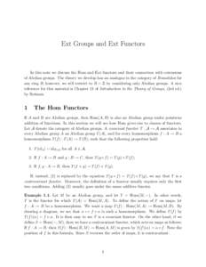 Ext Groups and Ext Functors  In this note we discuss the Hom and Ext functors and their connection with extensions of Abelian groups. The theory we develop has an analogue in the category of R-modules for any ring R; how