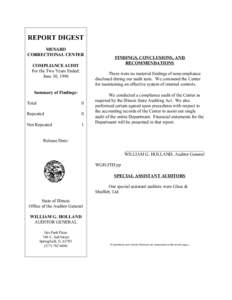 REPORT DIGEST MENARD CORRECTIONAL CENTER COMPLIANCE AUDIT For the Two Years Ended: June 30, 1996