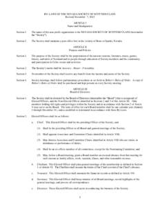 BY-LAWS OF THE NEVADA SOCIETY OF SCOTTISH CLANS Revised November 7, 2012 ARTICLE I Name and Headquarters Section 1