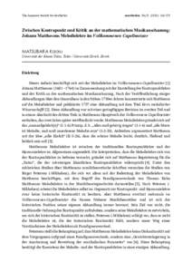 Zwischen Kontrapunkt und Kritik an der mathematischen Musikanschauung: Johann Matthesons Melodielehre im Vollkommenen Capellmeister
