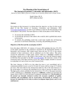 Pre-Planning of the Second phase of The Journal of Systemics, Cybernetics and informatics, JSCI