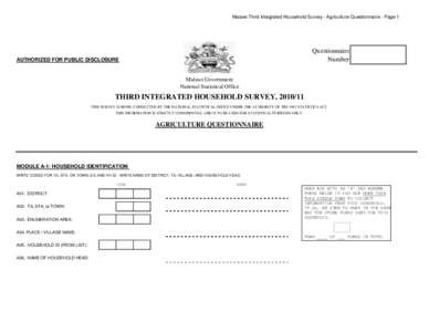 Malawi Third Integrated Household Survey - Agriculture Questionnaire - Page 1  Questionnaire Number  AUTHORIZED FOR PUBLIC DISCLOSURE