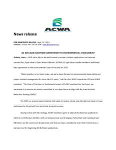 News release FOR IMMEDIATE RELEASE: Sept. 21, 2015 CONTACT: Dorothy Tate,  |   AG RETAILERS REAFFIRM COMMITMENT TO ENVIRONMENTAL STEWARDSHIP