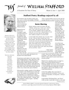 A Newsletter For Poets & Poetry  Volume 6, Issue 1 – April 2001 Stafford Poetry Readings enjoyed by all