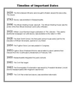Timeline of Important Dates 1638 The first enslaved Africans were brought to Boston aboard the slave ship, The Desire[removed]Slavery was abolished in Massachusetts.