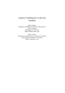 Analytic Combinatorics in Several Variables Robin Pemantle Department of Mathematics, University of Pennsylvania 209 S. 23rd Street Philadelphia, PAUSA