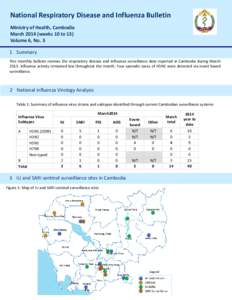 National Respiratory Disease and Influenza Bulletin Ministry of Health, Cambodia March[removed]weeks 10 to 13) Volume 6, No. 3 1 Summary This monthly bulletin reviews the respiratory disease and influenza surveillance data