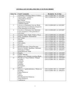 CENTRAL LIST OF OBCs FOR THE UT OF PUDUCHERRY  Entry No.