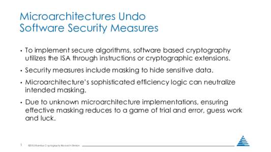 Microarchitectures Undo Software Security Measures • To implement secure algorithms, software based cryptography utilizes the ISA through instructions or cryptographic extensions.