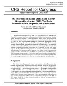 The International Space Station and the Iran Nonproliferation Act (INA): The Bush Administration's Proposed INA Amendment