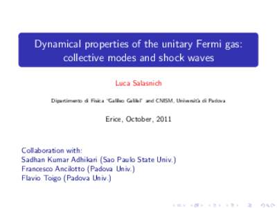 Dynamical properties of the unitary Fermi gas: collective modes and shock waves Luca Salasnich Dipartimento di Fisica “Galileo Galilei” and CNISM, Universit` a di Padova