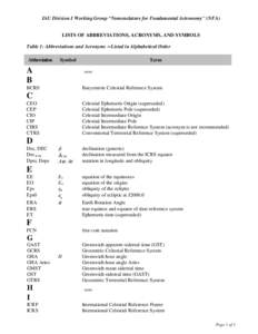 IAU Division I Working Group “Nomenclature for Fundamental Astronomy'' (NFA) LISTS OF ABBREVIATIONS, ACRONYMS, AND SYMBOLS Table 1: Abbreviations and Acronyms − Listed in Alphabetical Order Abbreviation  Symbol