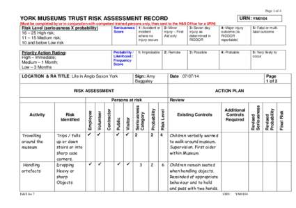 Page 1 of 4  YORK MUSEUMS TRUST RISK ASSESSMENT RECORD URN: YM0104