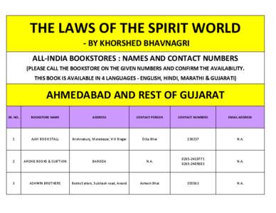 THE LAWS OF THE SPIRIT WORLD - BY KHORSHED BHAVNAGRI ALL-INDIA BOOKSTORES : NAMES AND CONTACT NUMBERS