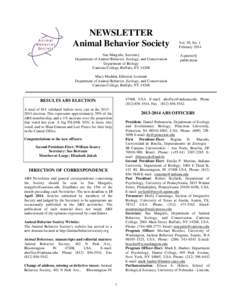 NEWSLETTER Animal Behavior Society Sue Margulis, Secretary Department of Animal Behavior, Ecology, and Conservation Department of Biology Canisius College, Buffalo, NY 14208