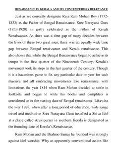 RENAISSANCE IN KERALA AND ITS CONTEMPERORY RELEVANCE  Just as we correctly designate Raja Ram Mohan Roy[removed]as the Father of Bengal Renaissance, Sree Narayana Guru